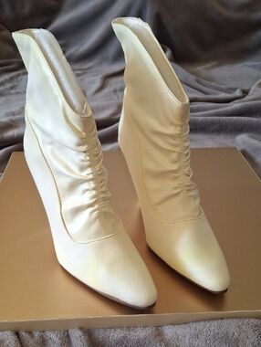 Michael Antonio Cream Satin Wedge Ankle Boots